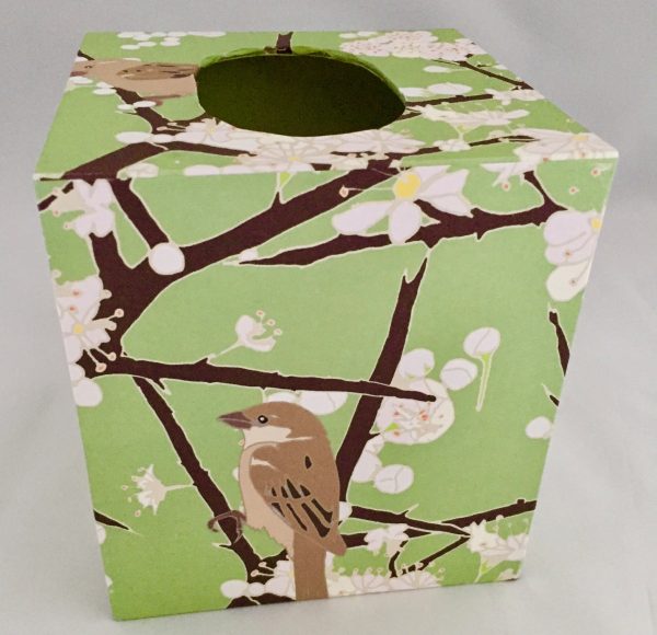Tissue Box Cover with White Plum Blossoms and Sparrow on green paper