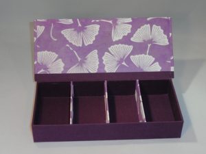 Four Compartment Box with Blossoms and Purple Paper, Lid Open