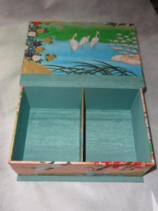 Two Compartment Box with Crane Paper and Blue Interior, Lid Open
