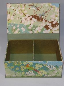 Two Compartment Box with Peacock Paper, Lid Open