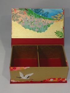Two Compartment Box with Pink Blossom Paper, Lid Open