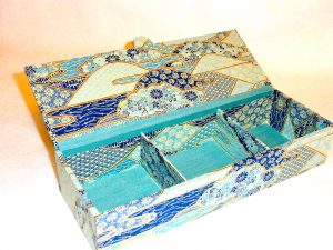 Flat Oblong Box with Blue Flowers & Golden Mountains Japanese paper