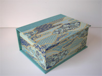 Square Box with Blue Flowers and Golden Mountains Paper