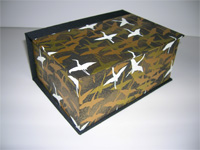 Square Box with White & Gold Cranes Flying in Black Skies Paper