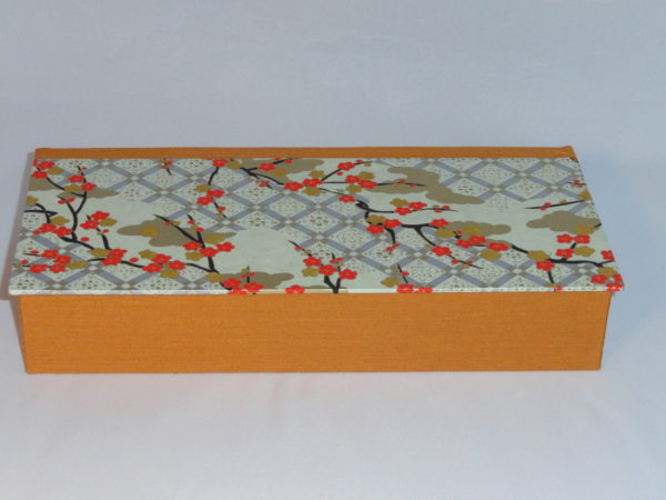 Four Compartment Box with Orange Plum Blossoms and Golden Clouds Japanese paper