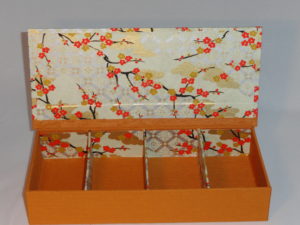 Four Compartment Box with Orange Plum Blossoms and Golden Clouds Japanese paper