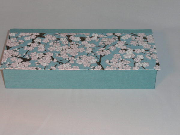 Four Compartment Box with Pink & White Plum Blossoms on Aqua Japanese paper