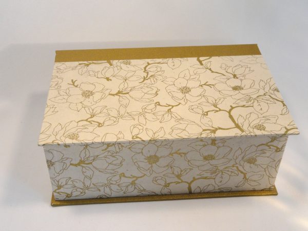Two Compartment Box with Blooming Magnolias in Gold on Cream paper