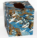 Tissue Box Cover with Cranes flying over blue rivers and brown fields