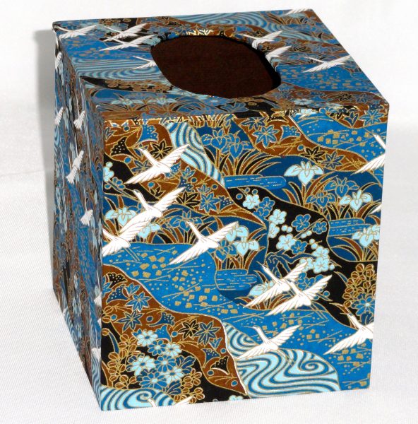 Tissue Box Cover with Cranes Flying over Blue Rivers & Brown Fields Japanese paper