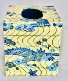 Tissue Box Cover with Blue Flowers and Phoenix on yellow Japanese paper