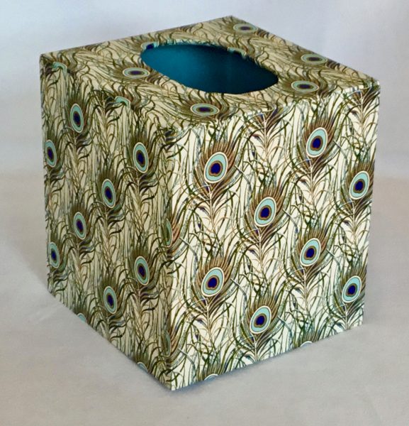 Tissue box cover with Peacock Feathers paper.