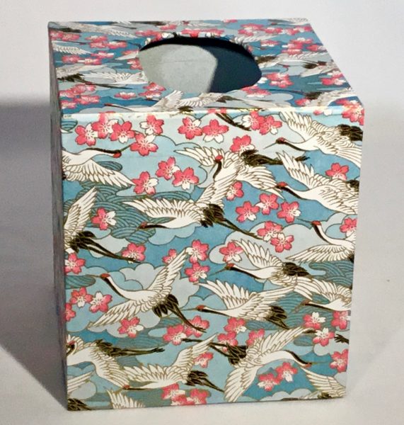 Tissue box cover with cranes and flowers Japanese paper.