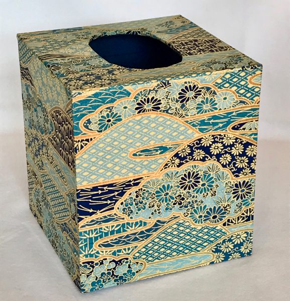 Tissue Box Cover with Blue Flowers and Golden Mountains Japanese paper.