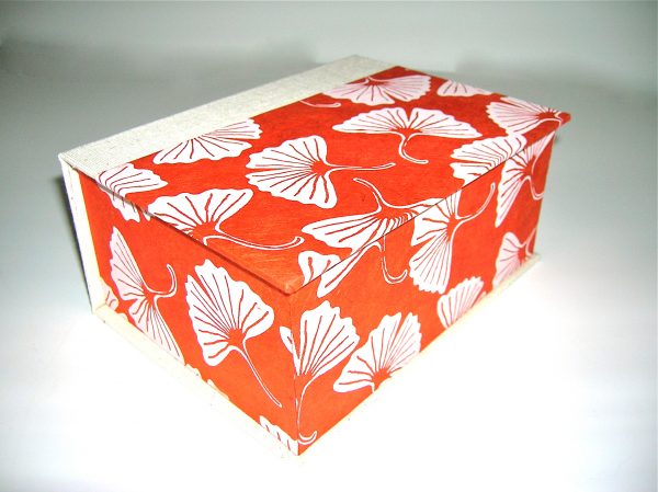 Square Box with White Gingko Leaf on Orange Nepalese pape